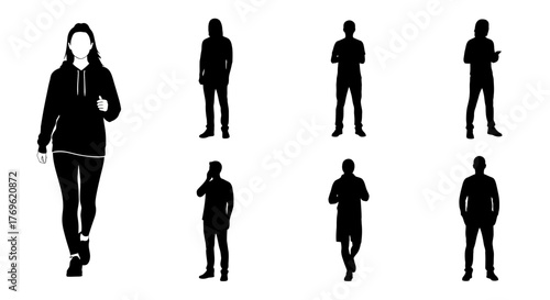 Collection of minimalist human silhouettes demonstrating diverse poses and apparel
