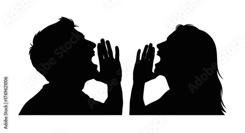 Silhouetted couple communicating intensely whispering secrets facing each other closely