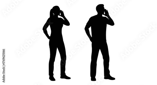 Silhouettes of a man and a woman talking on their phones