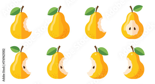A collection of yellow pears in various stages of being eaten