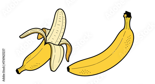 Illustration of a peeled and unpeeled yellow banana fruit on white