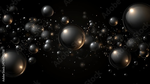 Black glossy spheres colliding in dark and sparkly space