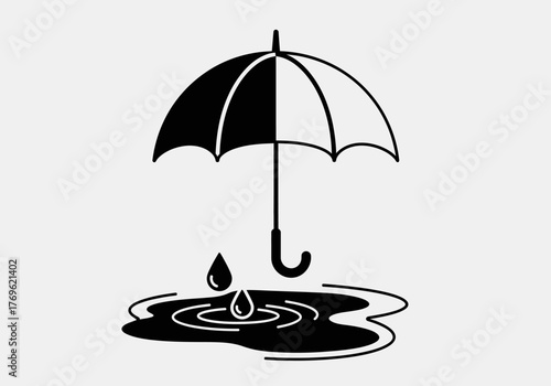 A minimalistic illustration depicting an umbrella protecting from raindrops falling into a puddle on a light gray background