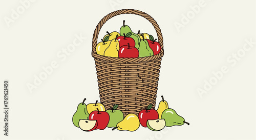 A woven basket overflowing with vibrant fresh apples pears and fruit
