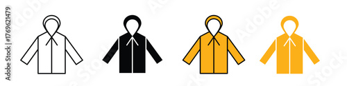 Raincoat icon in outline, solid, and color styles. Perfect for weather, clothing, and rainy season designs.