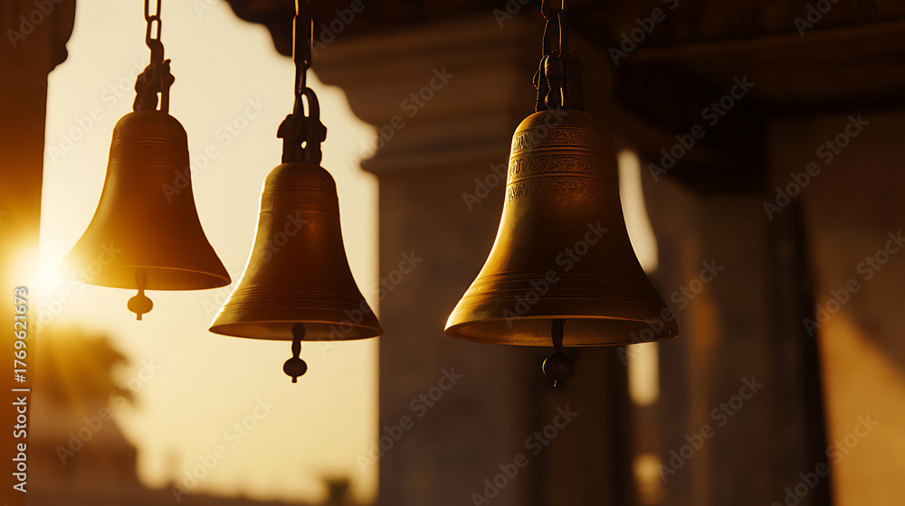 Obraz premium Three hanging golden bells catch the warm light of a golden sunrise, suspended from chains in an archway. They evoke a sense of peace, tradition and heritage.