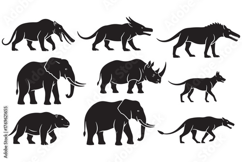 Diverse prehistoric animal silhouette collection isolated on white background, showcasing extinct creatures from different geological periods and evolutionary lineages vector illustration