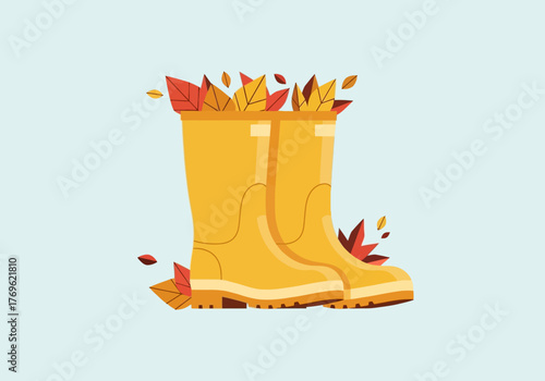 Illustration of yellow rain boots filled with colorful autumn leaves, a seasonal depiction.