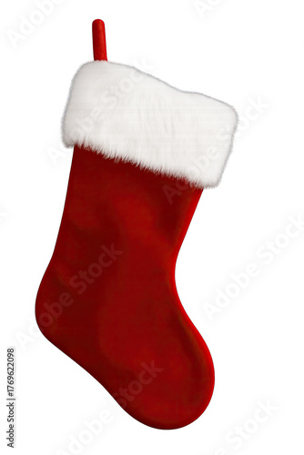 Vibrant red Christmas stocking with plush white faux fur cuff and hanging loop, glowing against a dark background, perfect for holiday decor and gift-giving, embodying festive cheer and winter joy for