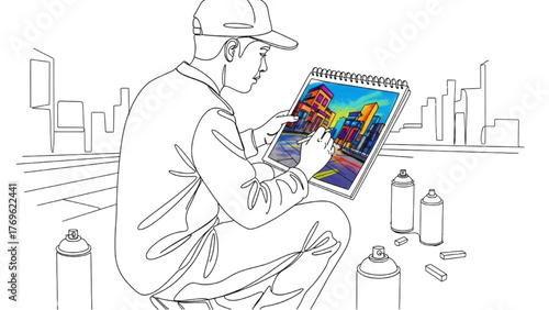 High quality black continuous line art of street artist crouched on sidewalk sketching on pad with spray cans or chalk, minimal urban background vector illustration