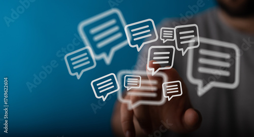 Foto A close-up shot of a person's finger interacting with speech bubble icons, sugge