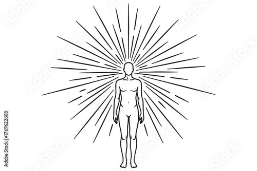 Radiant figure emanating light, symbolizing enlightenment and spiritual awakening isolated on white background vector illustration