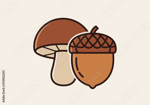 Autumn harvest and natural bounty illustrated by a mushroom and acorn, symbols of fall abundance and nature's gifts