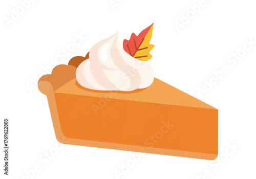 A slice of pumpkin pie with whipped cream and a decorative fall leaf on top.