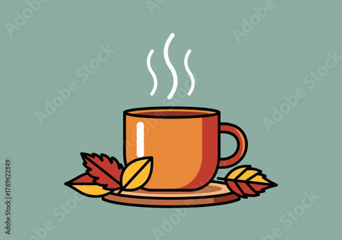 A warm cup of coffee or tea with autumn leaves on a coaster.