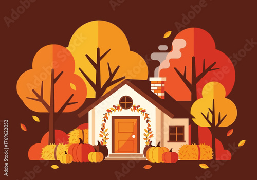 Autumnal house scene with trees, pumpkins, and hay bales.