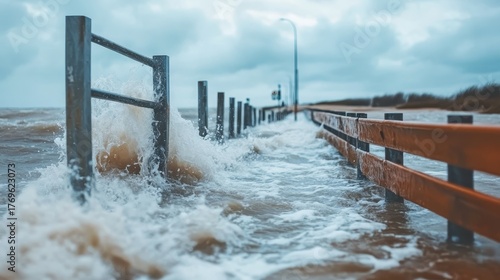 Coastal roadway flooded with turbulent ocean water during storm