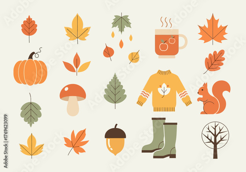 A collection of charming autumn-themed illustrations featuring leaves, a pumpkin, a squirrel, and cozy apparel.