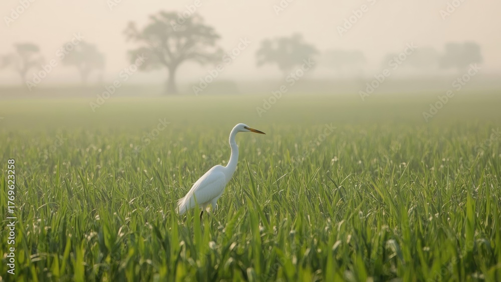 Fototapeta premium Egret in rice field, nature, grass, winter, white, animal, green, portrait, bird, Africa