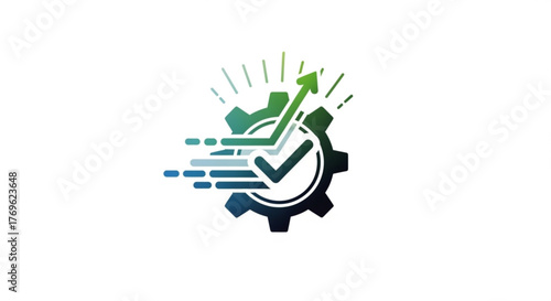 Gear with upward arrow and checkmark symbolizing progress