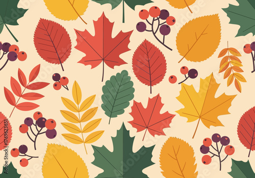 Autumn leaves and berries pattern in various colors and shapes on a light background.