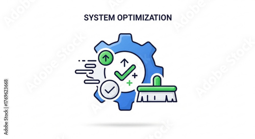 System optimization with gear, checkmarks, arrows, and brush