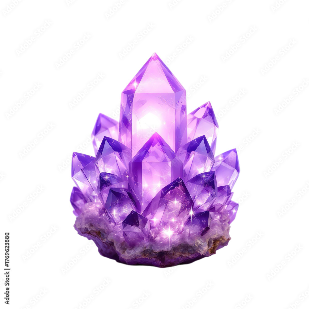 Fototapeta premium Amethyst crystal cluster with glowing purple facets vector illustration isolated on white background