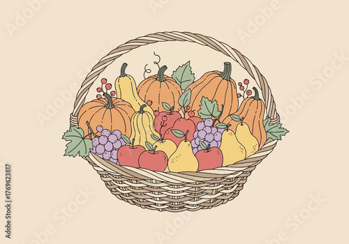 A detailed illustration of a woven basket overflowing with various types of fresh, colorful fruits and vegetables.