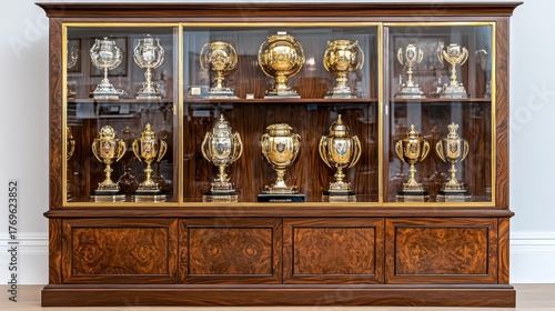 Display case filled with many shining gold trophies