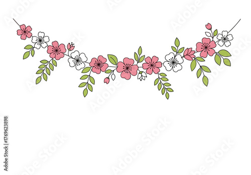 A decorative hanging garland of pink and white flowers with green leaves, illustrated in a simple line art style on a white background.