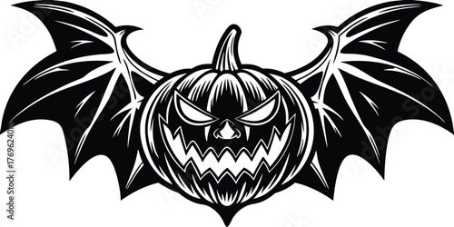 Halloween vector illustration featuring a grinning pumpkin with bat wings, spooky jack-o’-lantern character, scary holiday design, perfect for Halloween party, poster, and decoration themes