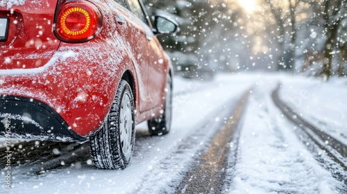 A red car is parked on a snowy road. The snow is piled up on the car and the road