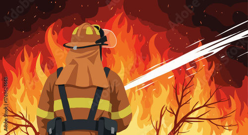 Firefighter in full gear battles raging flames with a powerful water jet, surrounded by smoke and burning trees, depicting courage and emergency response.
