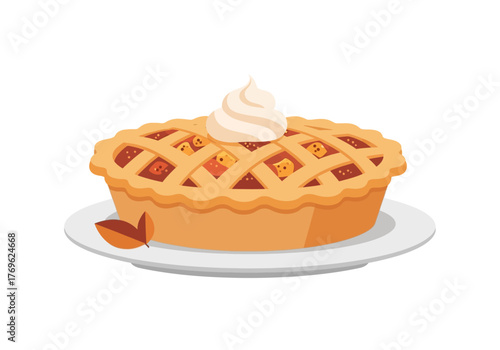 A delicious-looking apple pie with a lattice crust, topped with whipped cream and served on a white plate with autumn leaves.
