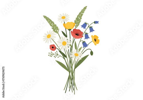 A vibrant bouquet of wildflowers including poppies, daisies, and bluebells tied with a green stem.