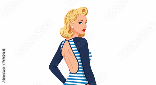 Elegant pin-up style blonde woman in a blue and white striped dress with a back cutout, showcasing vintage glamour and feminine charm against a white background.