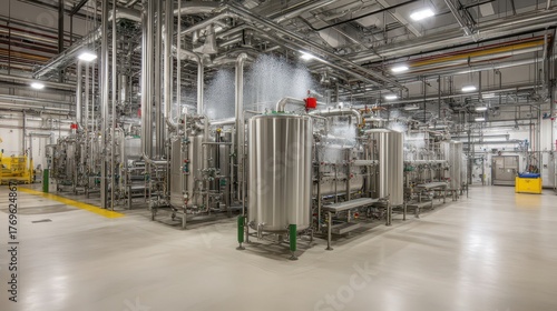 Industrial decontamination shower unit spraying water in a factory