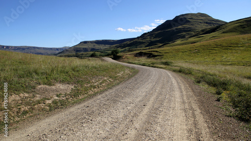 Dirt roads in the QwaQwa villages, located in the mountainous region of the Free State province in South Africa. Trees and plants like Wild Dagga in the foreground. Mountains in the background. 
