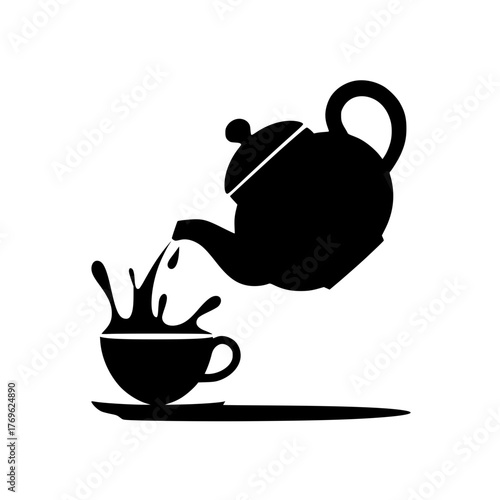 Elegant teapot pouring tea into a cup with a splash, perfect for tea time and cafe promotions