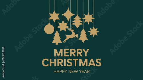 Elegant “Merry Christmas and Happy New Year” greeting with gold ornaments and festive symbols on dark green background for holiday celebration