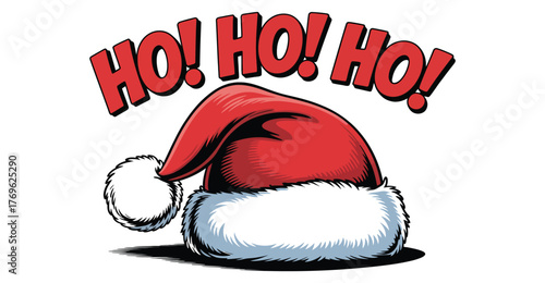 Festive “Ho! Ho! Ho!” Santa hat illustration with bold red lettering and white fur trim, perfect for Christmas greeting and holiday decor