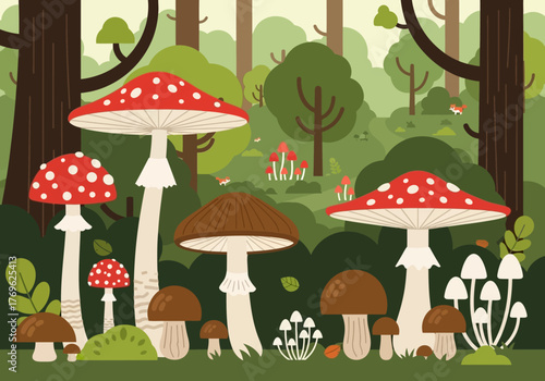 A vibrant illustration of various mushrooms in a lush forest setting, featuring iconic red and white toadstools alongside brown varieties.