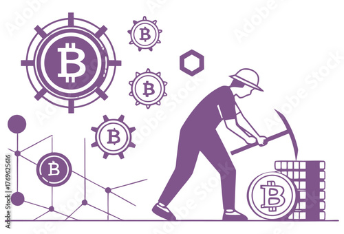 Cryptocurrency Mining Illustration with Bitcoin and Blockchain Concept