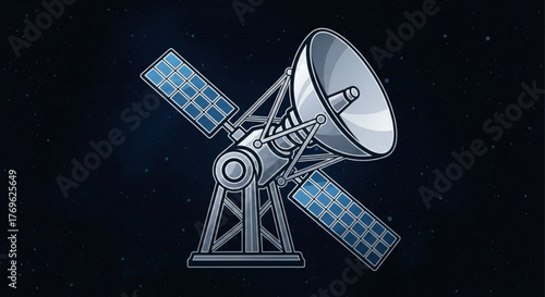 Illustration of a satellite with solar panels in the dark blue space