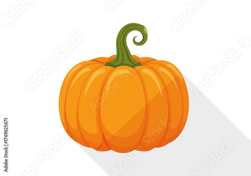 Illustration of a bright orange pumpkin with a green stem and a long shadow.