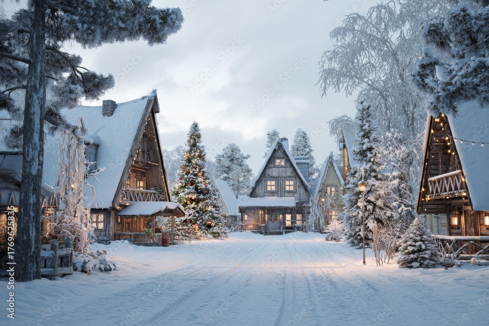 Naklejka premium Beautiful village of romantic christmas and winter themed decorated christmas tree and snowfall in december.