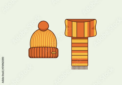 Illustration of a warm orange and yellow knitted beanie hat with a pom-pom and a matching striped winter scarf on a light background.