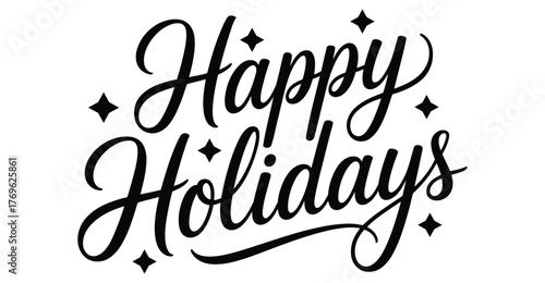 "Happy Holidays" decorative cursive text with festive star accents, ideal for seasonal greeting cards, winter celebrations, and elegant design