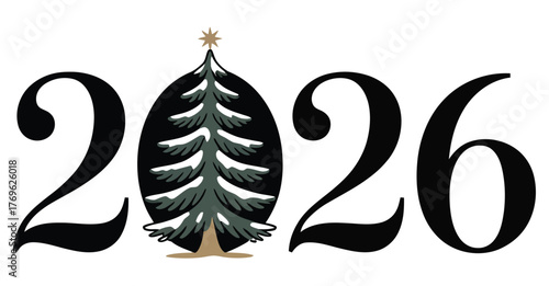 Creative "2026" design with snow-covered pine tree replacing zero, bold decorative font, and festive star accent for New Year celebration themes