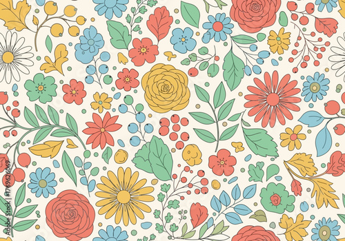 Colorful Floral Pattern Design, Nature, Textile, Illustration, Vibrant, Artistic, Decorative